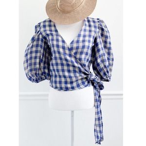 Olivaceous Boutique Linen Gingham Wrap Puff Sleeve Top